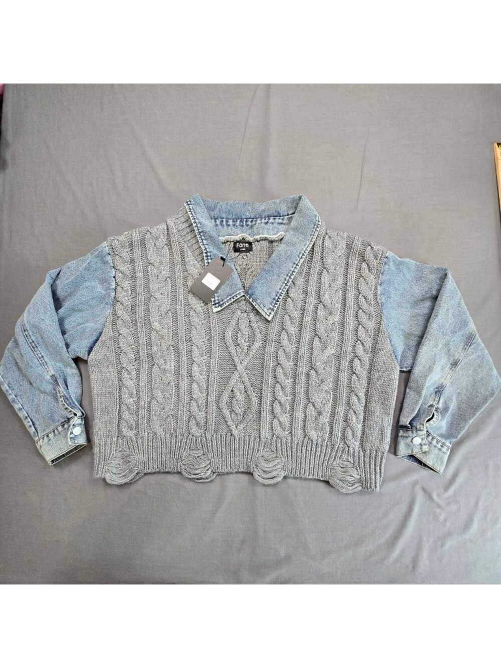 NEW Fate Large Womens Cropped Boxy Knit Cable Denim Sweater Gray/Blue